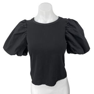 H&M Women's Black Short Balloon Puff Sleeve Crew Neck Pullover Blouse Top Size S